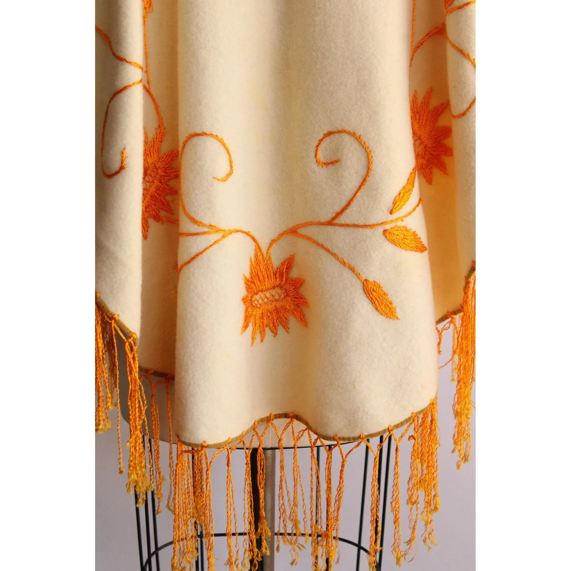 Vintage 1960s Yellow Felted Wool Embroidered Poncho