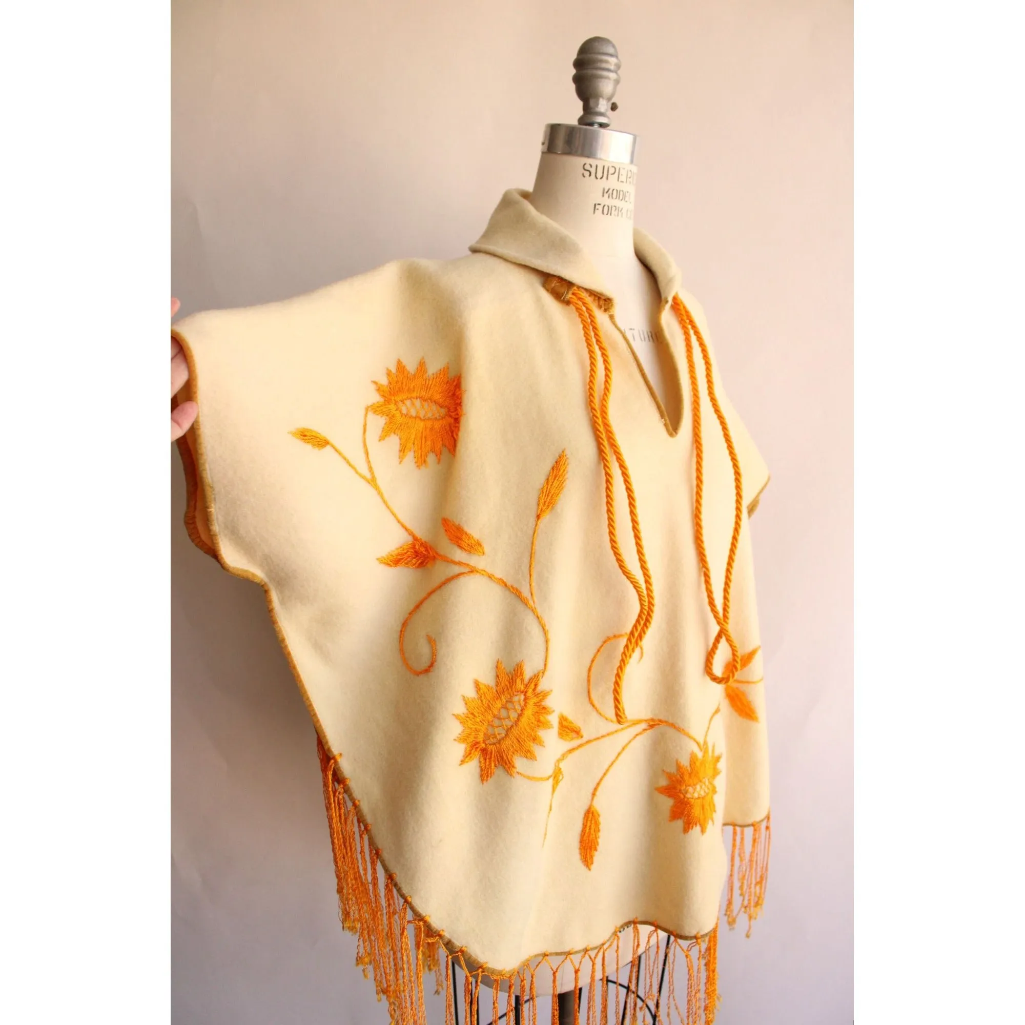 Vintage 1960s Yellow Felted Wool Embroidered Poncho