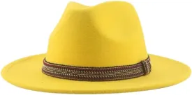 Women's Fedoras Hat Solid Casual Wide Brim Hat Panama Band Caps Yellow 56-58cm