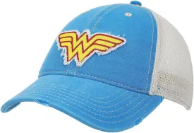 Wonder Woman Logo Women's Blue Washed Distressed Cut Fabric Unstructured Baseball Cap
