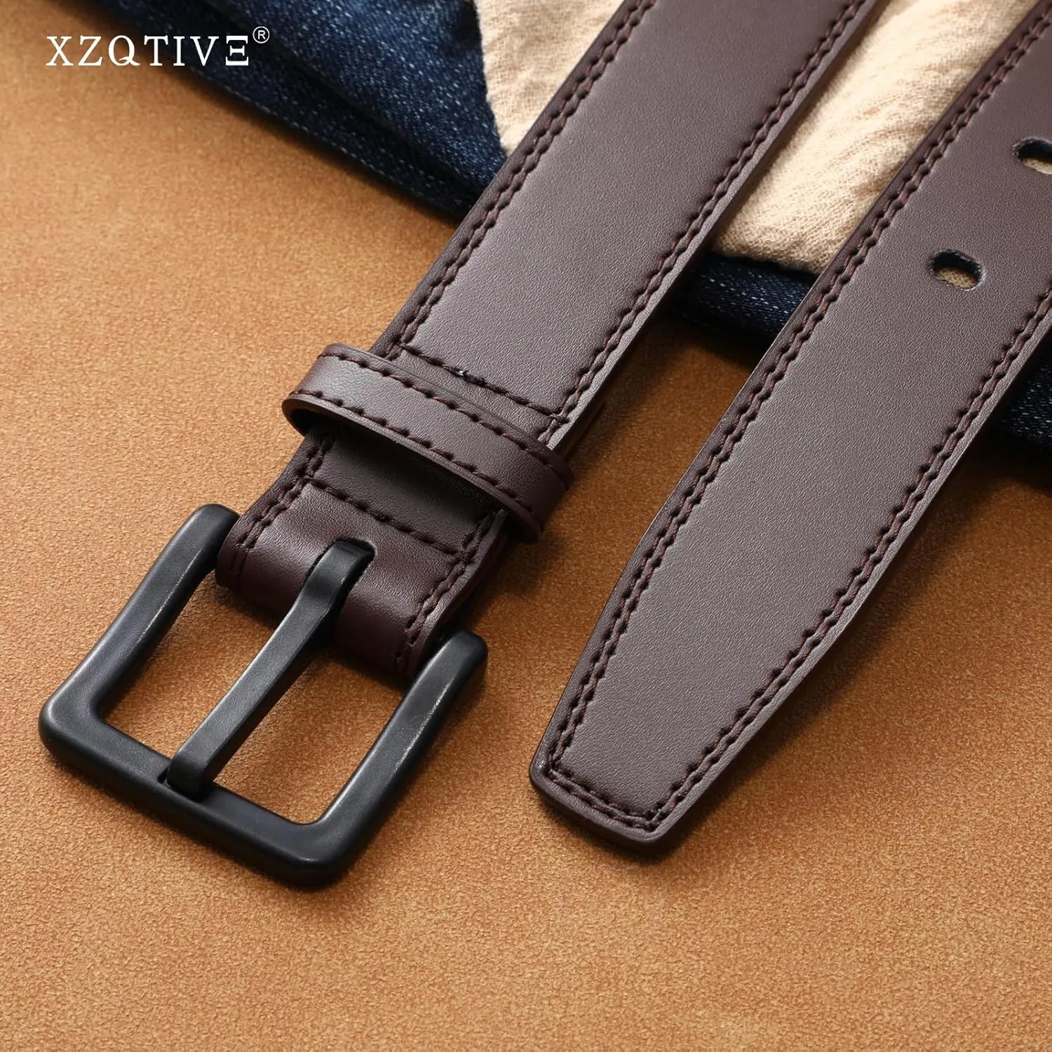 XZQTIVE Mens Metal Free Belt Hypoallergenic Leather Belts For Jeans Dress Nickle Free TSA Belt With Black Buckle