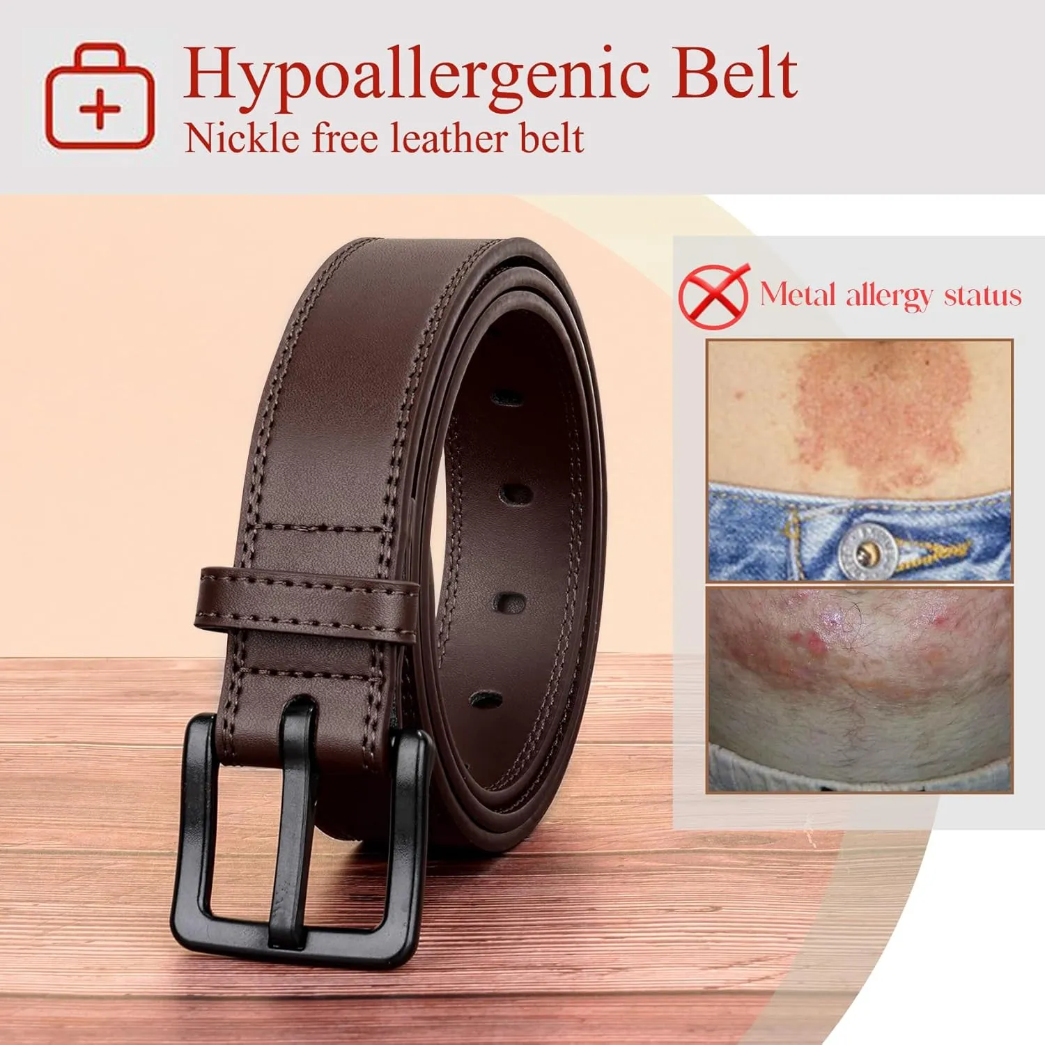 XZQTIVE Mens Metal Free Belt Hypoallergenic Leather Belts For Jeans Dress Nickle Free TSA Belt With Black Buckle